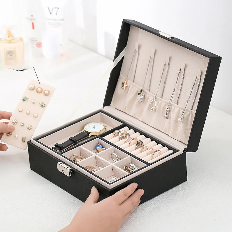 Double-Layer Wooden Jewelry Box with PU Leather – Organizer Case for Rings, Necklaces & Makeup