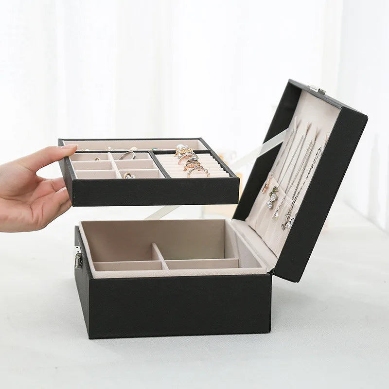 Double-Layer Wooden Jewelry Box with PU Leather – Organizer Case for Rings, Necklaces & Makeup