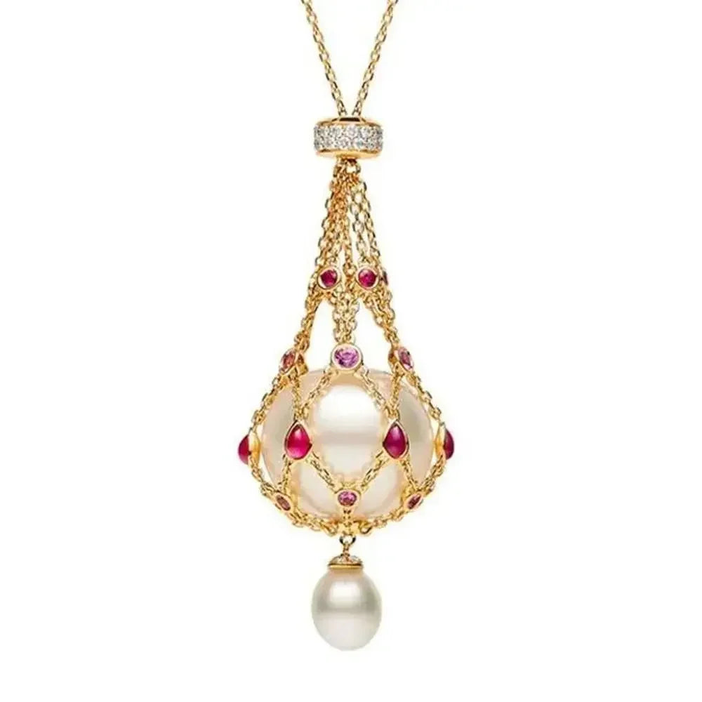 Crystal Cage Pearl & Gemstone Pendant Necklace – Elegant Mother’s Day Gift