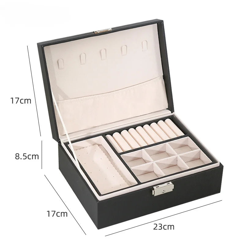 Double-Layer Wooden Jewelry Box with PU Leather – Organizer Case for Rings, Necklaces & Makeup