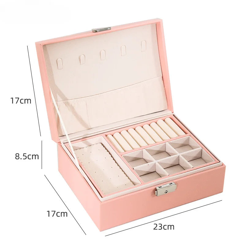 Double-Layer Wooden Jewelry Box with PU Leather – Organizer Case for Rings, Necklaces & Makeup