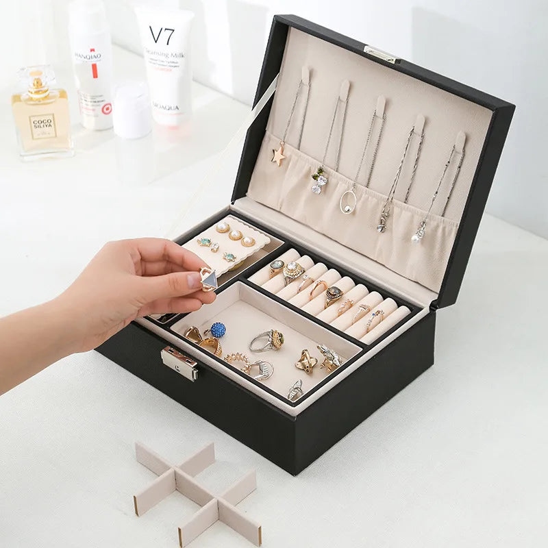 Double-Layer Wooden Jewelry Box with PU Leather – Organizer Case for Rings, Necklaces & Makeup