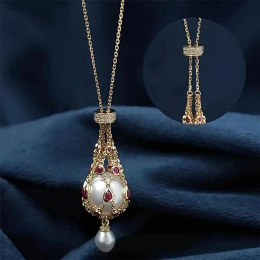 Crystal Cage Pearl & Gemstone Pendant Necklace – Elegant Mother’s Day Gift