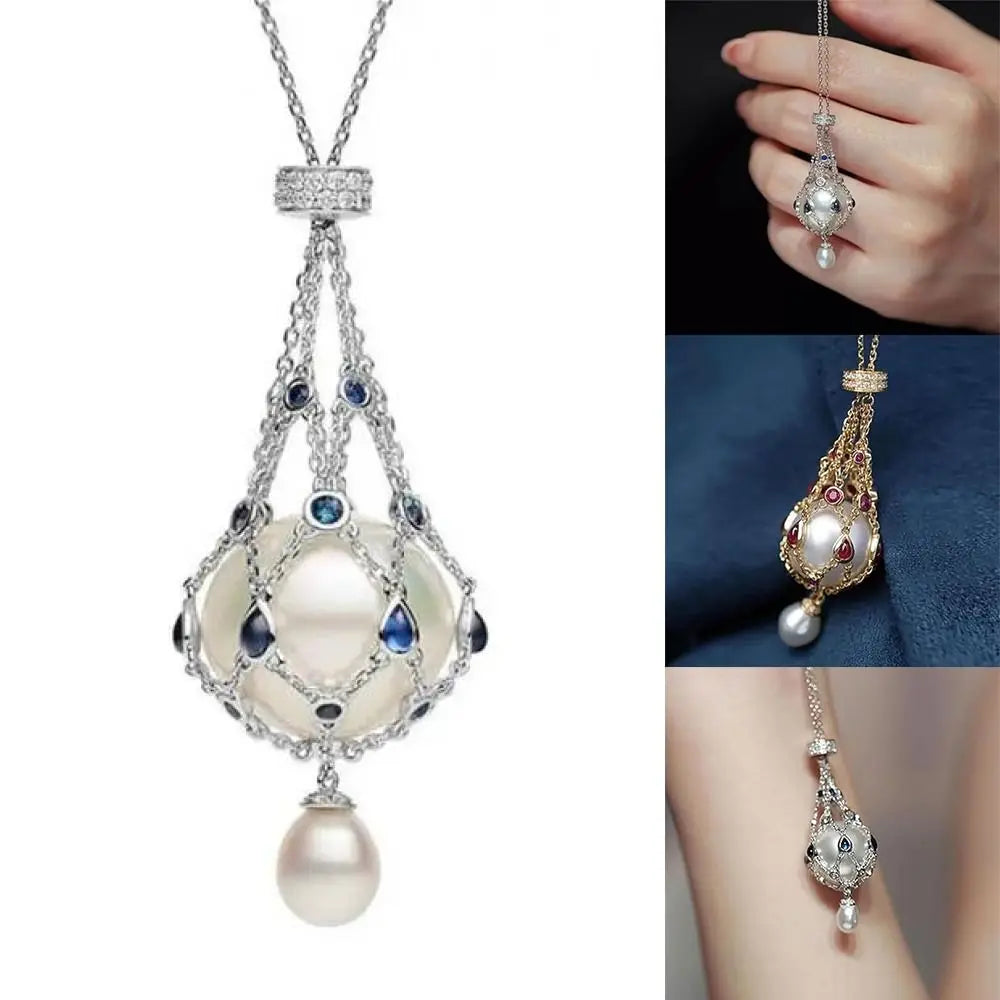 Crystal Cage Pearl & Gemstone Pendant Necklace – Elegant Mother’s Day Gift