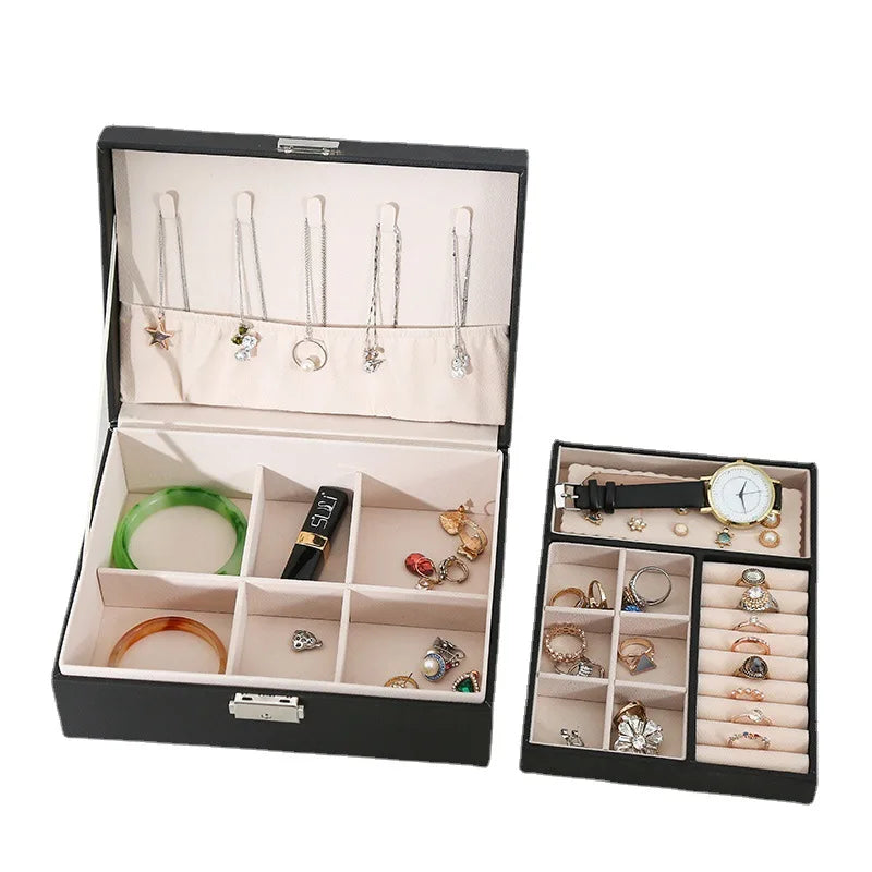 Double-Layer Wooden Jewelry Box with PU Leather – Organizer Case for Rings, Necklaces & Makeup