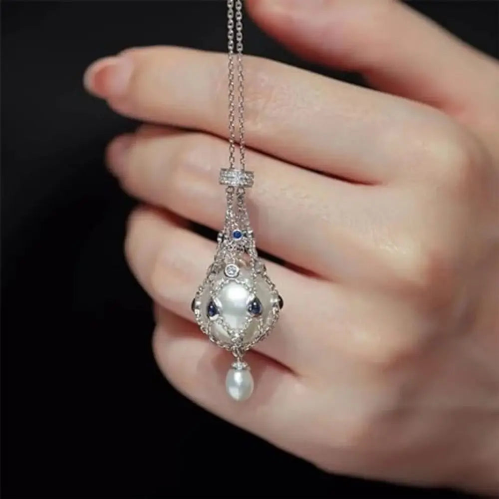 Crystal Cage Pearl & Gemstone Pendant Necklace – Elegant Mother’s Day Gift