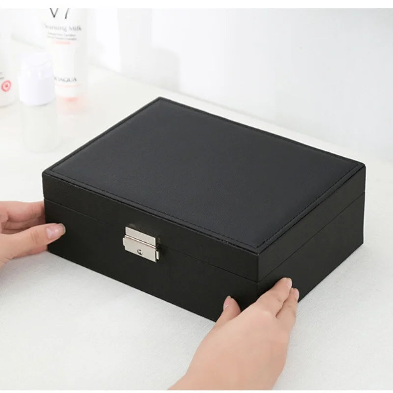 Double-Layer Wooden Jewelry Box with PU Leather – Organizer Case for Rings, Necklaces & Makeup