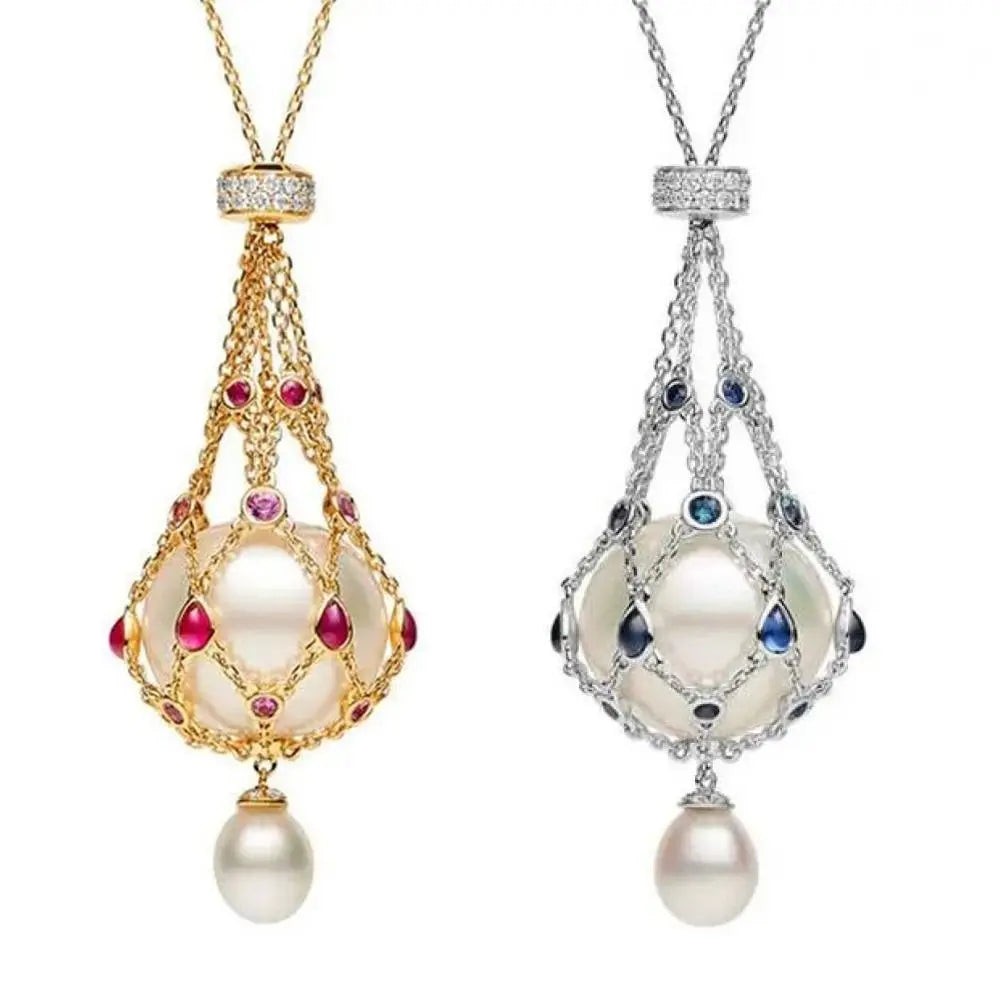 Crystal Cage Pearl & Gemstone Pendant Necklace – Elegant Mother’s Day Gift
