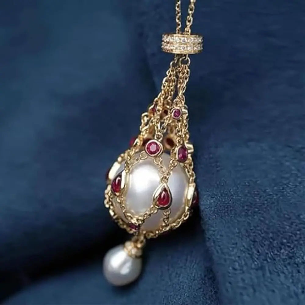 Crystal Cage Pearl & Gemstone Pendant Necklace – Elegant Mother’s Day Gift