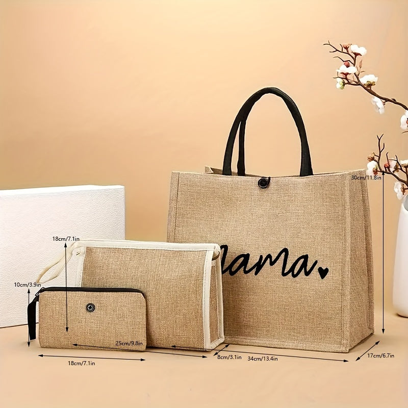 Letter & Heart Pattern Tote Bags (2pcs) + Mini Wallet – Fashion Gift for Women